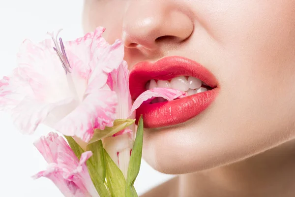 Vista parziale di ragazza che morde fiori rosa, isolato su bianco — Foto stock