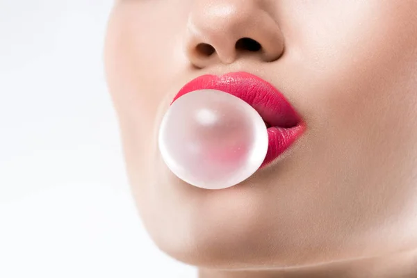 Cropped view of woman with bubble of chewing gum, isolated on white — Stock Photo