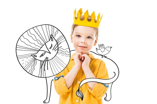 Adorable boy in yellow crown with please gesture, isolated on white with drawn lion and bird — Stock Photo