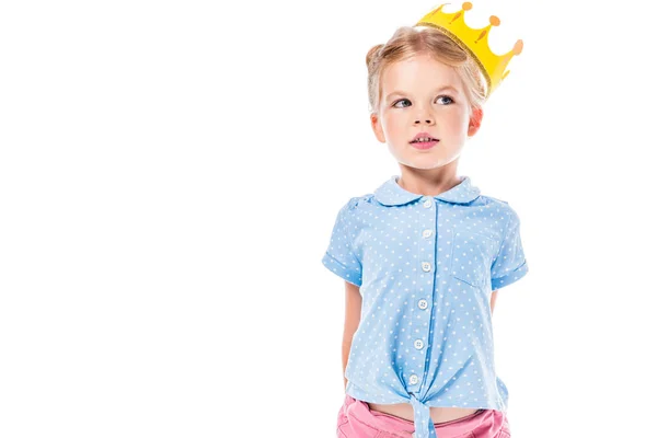 Adorable pensive kid in yellow crown, isolated on white — Stock Photo