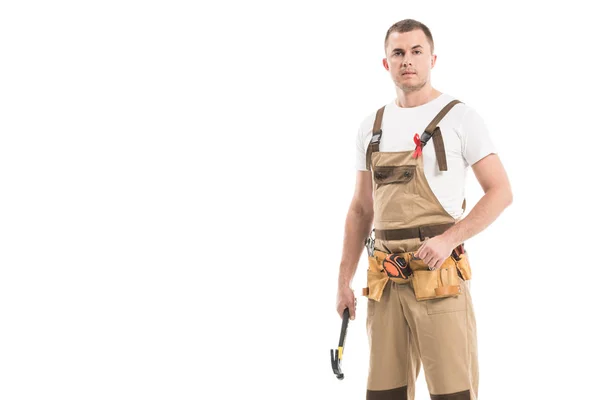 Handsome adult builder with aids awareness red ribbon on overall isolated on white — Stock Photo