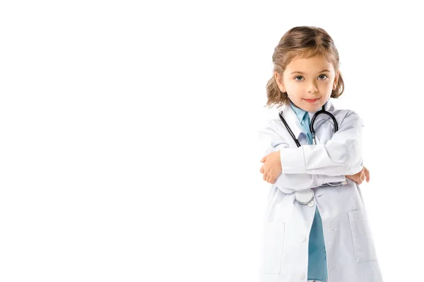 Portrait of kid dressed in doctors white coat with stethoscope isolated on white — Stock Photo