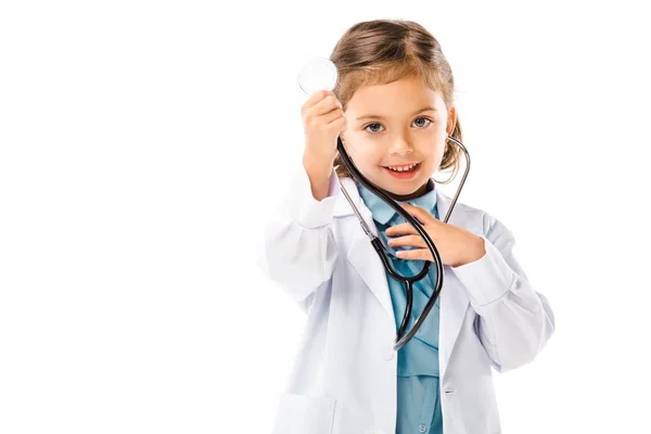 Portrait of cute kid dressed in doctors white coat with stethoscope isolated on white — Stock Photo