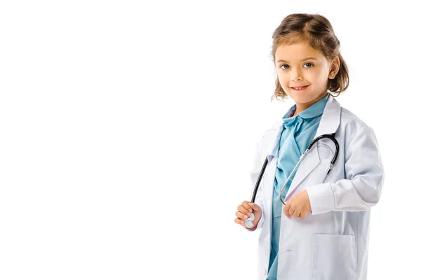 Portrait of cute kid dressed in doctors white coat with stethoscope isolated on white — Stock Photo