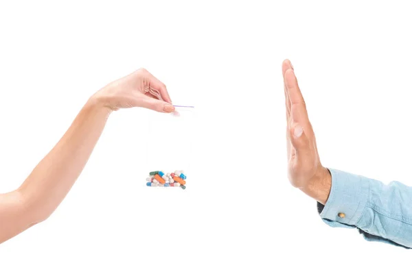 Cropped image of man rejecting unhealthy mdma drugs isolated on white — Stock Photo