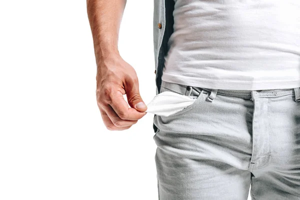 Immagine ritagliata di uomo che mostra tasca vuota isolata su bianco — Foto stock
