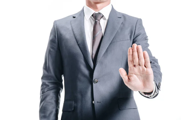 Abgeschnittenes Bild eines Geschäftsmannes im Anzug, das kein Zeichen auf Weiß zeigt — Stockfoto