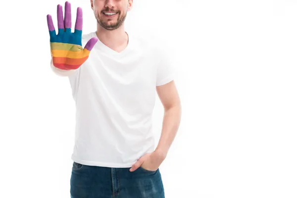 Cropped image of smiling homosexual man showing hand painted in colors of pride flag isolated on white, world aids day concept — Stock Photo