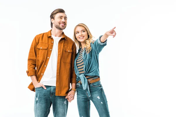 Attrayant fille pointant par doigt à copain isolé sur blanc — Photo de stock