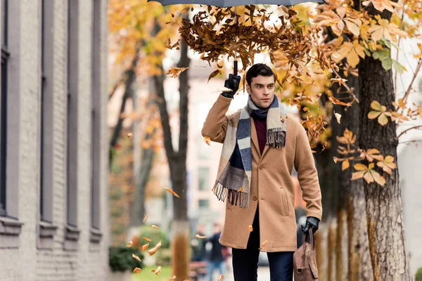 Stylish man in coat with golden leaves falling from umbrella standing on autumnal street — Stock Photo