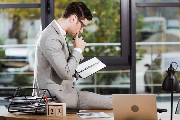 Vista laterale di bell'uomo d'affari con notebook seduto sul posto di lavoro in ufficio — Foto stock
