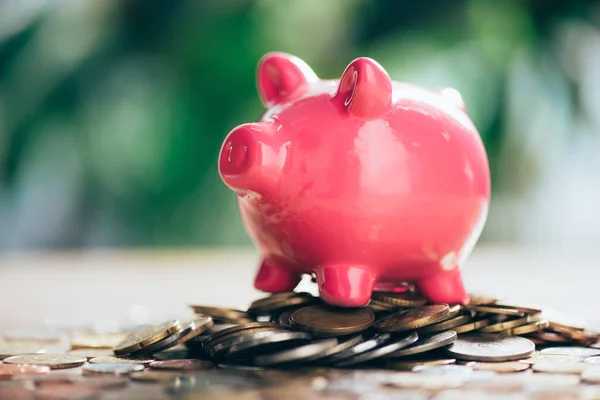 Close-up view of pink piggy bank on pile of coins — Stock Photo