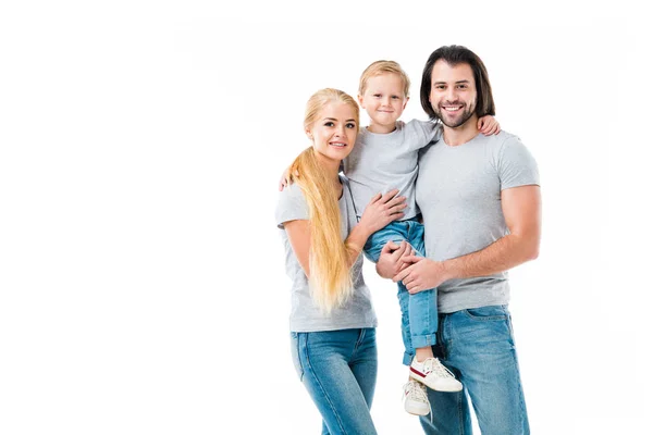 Erstaunliche Familie umarmt und lächelt in die Kamera isoliert auf weiß — Stockfoto