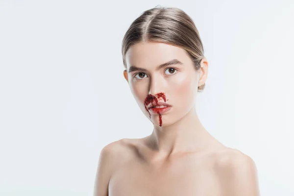 Naked woman with blood and injury on face isolated on white — Stock Photo