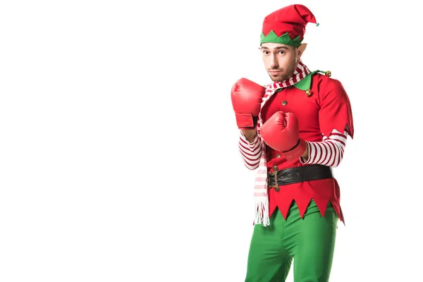 Focalizzato uomo in costume elfo di Natale indossa guanti da boxe rossi e pronto per la lotta isolato su bianco — Foto stock