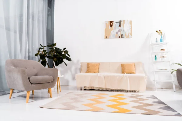 Foyer sélectif de de salon moderne avec tapis, canapé et fauteuil — Photo de stock