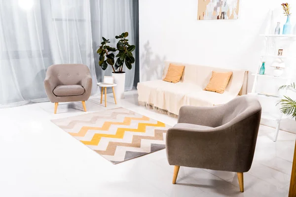 Interieur eines modernen Wohnzimmers mit Teppich, Sofa und Wandmalerei — Stockfoto