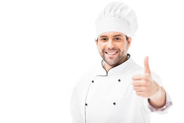 Jovem chef feliz mostrando polegar para cima na câmera isolada no branco — Fotografia de Stock