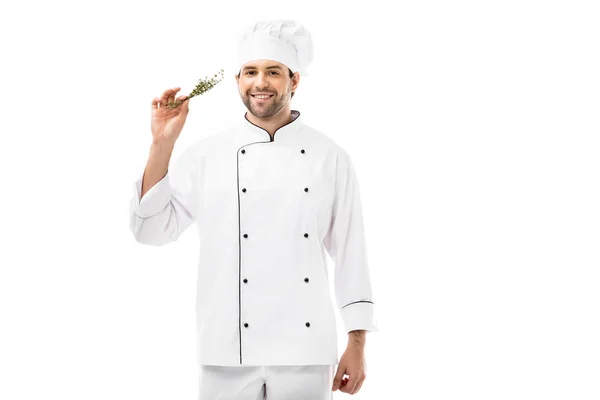 Усміхнений молодий шеф-кухар тримає купу тимів і дивиться на камеру ізольовано на білому — стокове фото