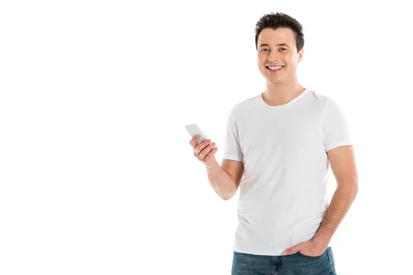 Homem bonito feliz usando smartphone isolado no branco — Fotografia de Stock