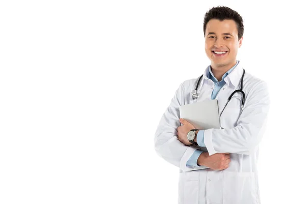 Male doctor in stethoscope looking at camera and holding diagnosis isolated on white — Stock Photo