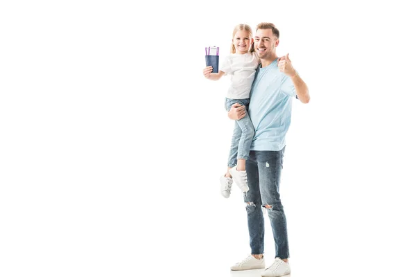 Father showing thumbs up and holding daughter isolated on white — Stock Photo