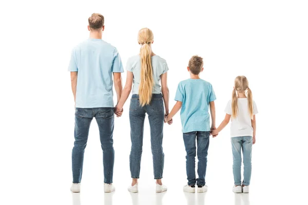 Rückseite der Familie stehend und die Hände isoliert auf Weiß haltend — Stockfoto