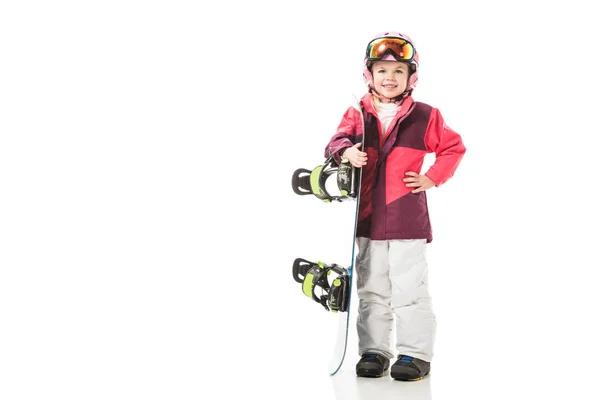 Bambino in età prescolare carino con attrezzatura da snowboard sorridente e guardando la fotocamera isolata su bianco — Foto stock