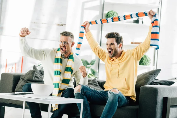 Aufgeregter Sohn und reifer Vater mit Schals, die zu Hause Sport gucken und schreien — Stockfoto