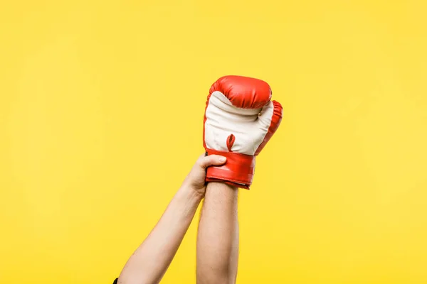 Обрізаний знімок жінки, що тримає чоловічу руку в боксерській рукавичці ізольовано на жовтому — стокове фото