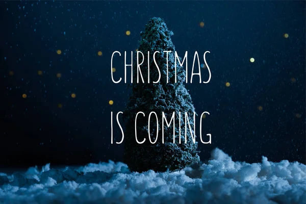Крупный план миниатюрной рождественской елки, стоящей в снегу ночью с вдохновением 