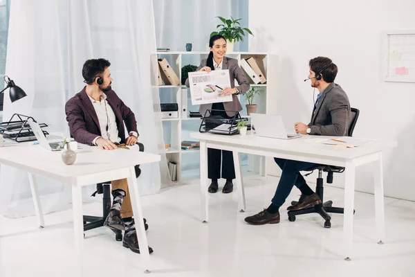 Female manager showing charts and graphs to male coworkers in office — Stock Photo