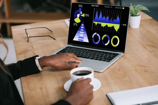 African american woman holding cup of coffee and using laptop with charts and graphs on screen — Stock Photo