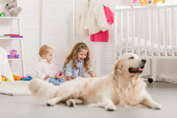 Foco seletivo de irmãs adoráveis jogando no chão, golden retriever deitado perto na sala de crianças — Fotografia de Stock