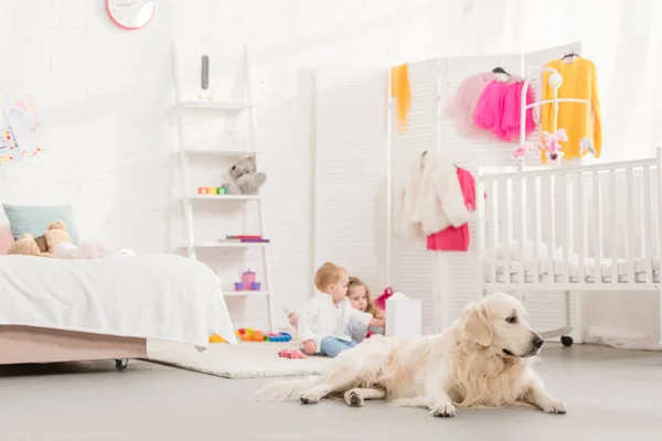 Adorable sisters playing with toys, golden retriever lying on foreground in children room — Stock Photo