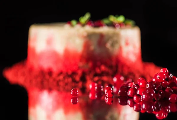 Selective focus of white cake decorated with mint leaves near red currants isolated on black — Stock Photo