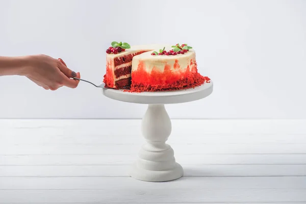 Cropped view of woman taking a piece of cake with spatula isolated on white — Stock Photo