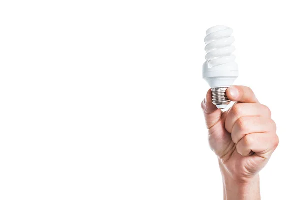 Vue recadrée de la lampe fluorescente dans la main mâle isolé sur blanc, concept d'efficacité énergétique — Photo de stock