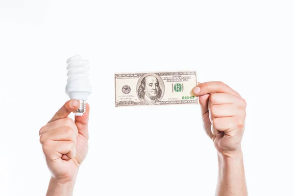 Abgeschnittene Ansicht der männlichen Hände mit Leuchtstofflampe und Hundert-Dollar-Schein in den Händen isoliert auf weiß, Energieeffizienzkonzept — Stockfoto