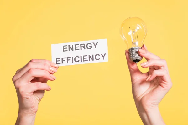 Vista recortada de manos femeninas sosteniendo lámpara led y tarjeta de papel con letras aisladas en amarillo, concepto de eficiencia energética — Stock Photo
