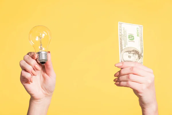 Vista recortada de manos femeninas sosteniendo lámpara led y billete de cien dólares en manos aisladas en amarillo, concepto de eficiencia energética - foto de stock