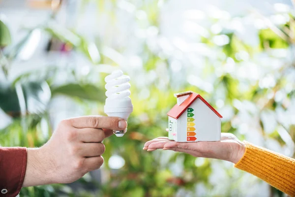 Обрізаний вид чоловіка, що тримає люмінесцентну лампу біля жінки з картонним будинком в руці, енергоефективність в домашніх умовах концепція — стокове фото