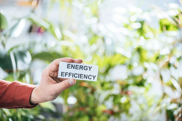 Cropped view of man holding card with lettering, energy efficiency at home concept — Stock Photo