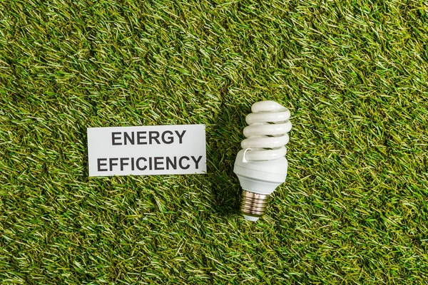 Верхний вид флуоресцентной лампы рядом с картой с энергосберегающей надписью на зеленой траве — стоковое фото