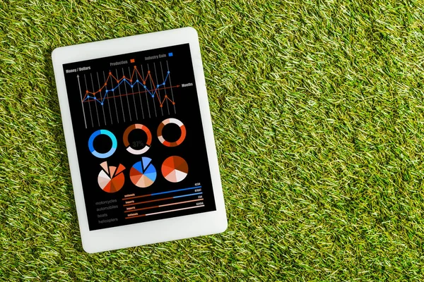 Vue du haut de la tablette numérique avec graphiques et graphiques à l'écran sur herbe verte, concept d'efficacité énergétique — Photo de stock