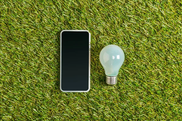 Vista superior da lâmpada fluorescente perto do smartphone com tela em branco na grama verde, conceito de eficiência energética — Fotografia de Stock