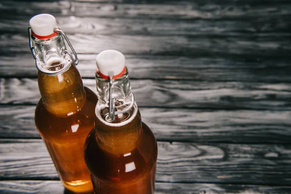 Toma de estudio de té fermentado en botellas de vidrio con luz solar - foto de stock