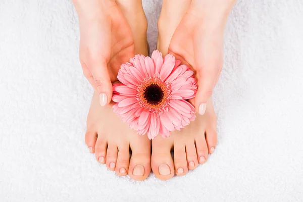 Vista ritagliata della donna scalza che tiene il fiore rosa — Foto stock