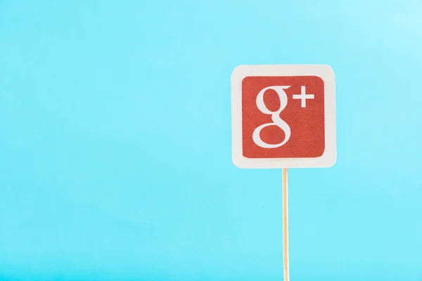 Top view of google plus icon isolated on blue with copy space — Stock Photo
