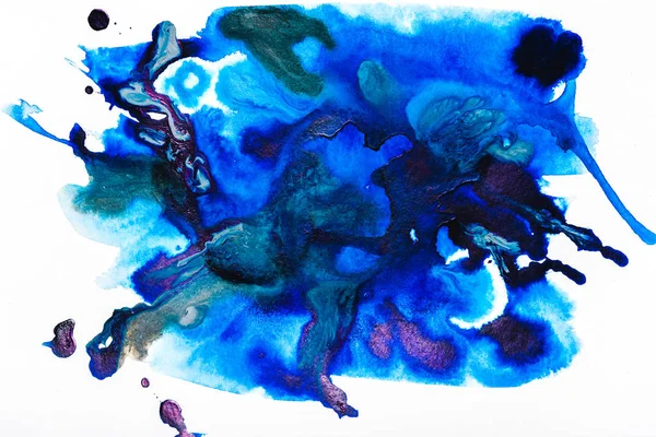 Top view of purple and blue watercolor spills on white paper — Stock Photo